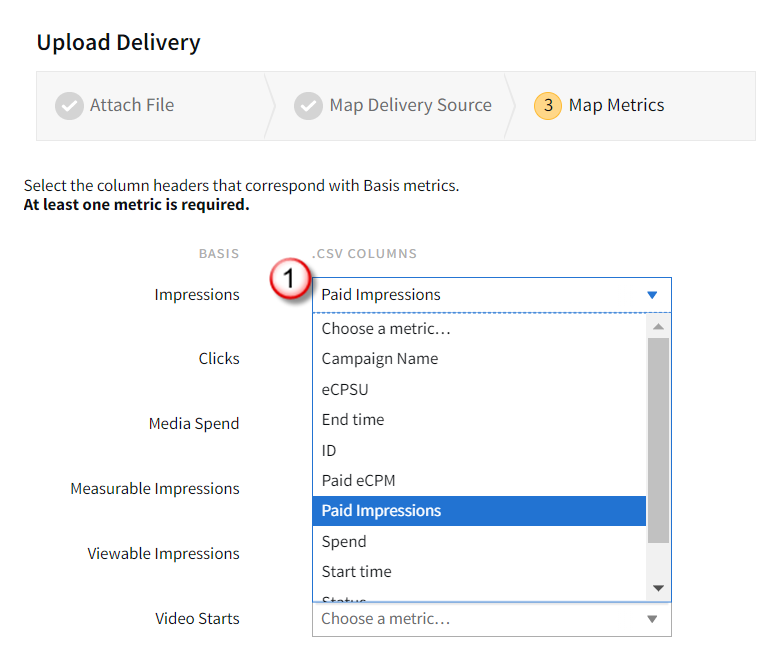 Map Metrics tab on the Upload Delivery modal showing the Impressions Basis field and the corresponding CSV Column dropdown selected.